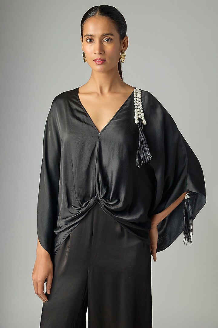 Black Blended Satin Jumpsuit With Kaftan by Dilnaz Karbhary at Pernia's Pop Up Shop