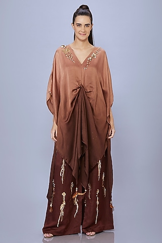 Brown Blended Satin Sequin Trousers by Dilnaz Karbhary