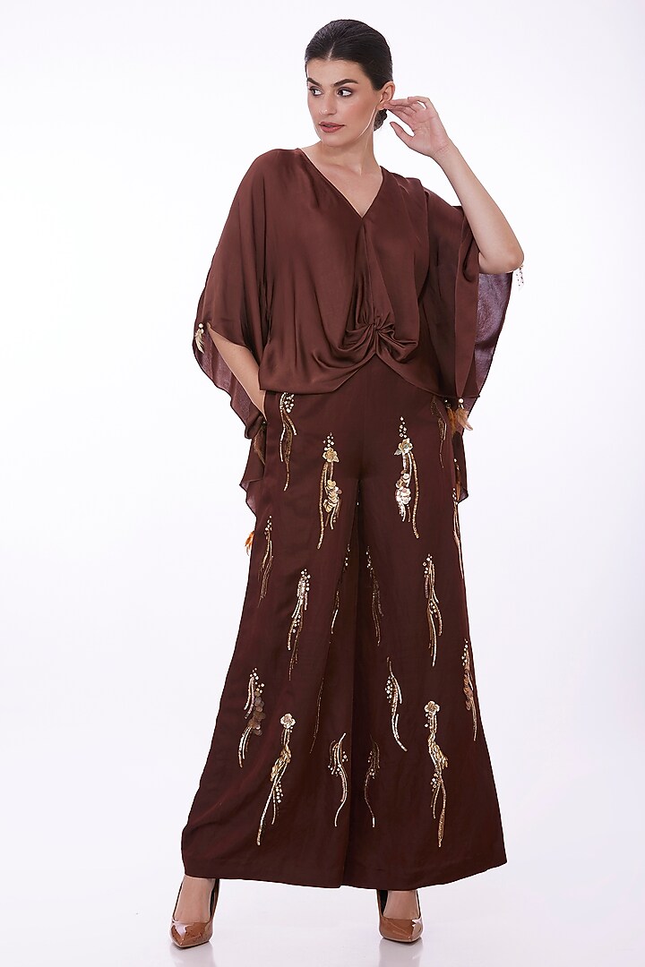 Brown Blended Satin Sequin Trousers by Dilnaz Karbhary at Pernia's Pop Up Shop