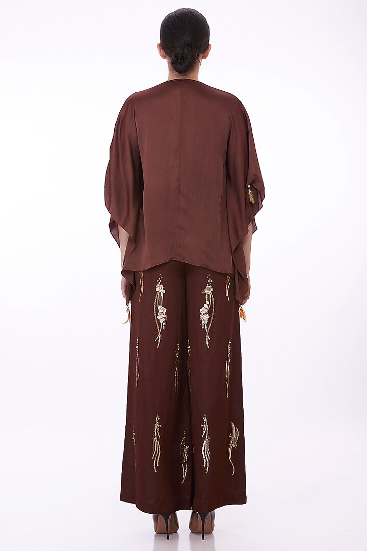 Brown Blended Satin Sequin Trousers by Dilnaz Karbhary at Pernia's Pop Up Shop