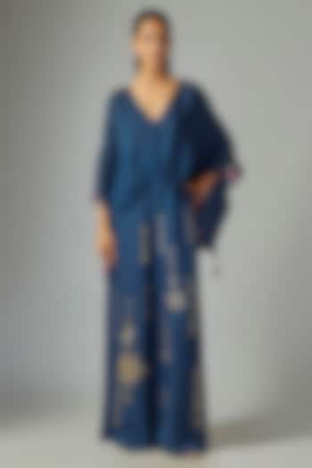 Blue Blended Linen Trousers by Dilnaz Karbhary at Pernia's Pop Up Shop