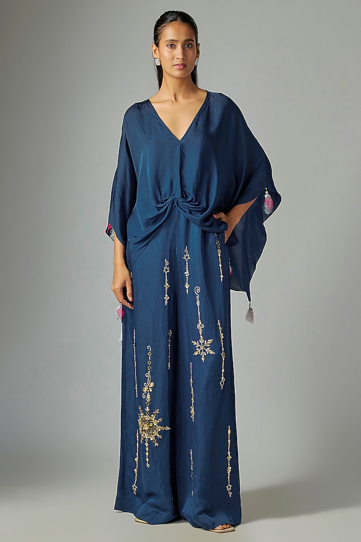 Blue Blended Linen Trousers by Dilnaz Karbhary at Pernia's Pop Up Shop