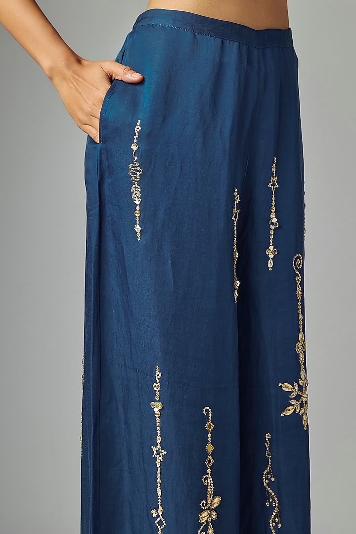 Blue Blended Linen Trousers by Dilnaz Karbhary at Pernia's Pop Up Shop