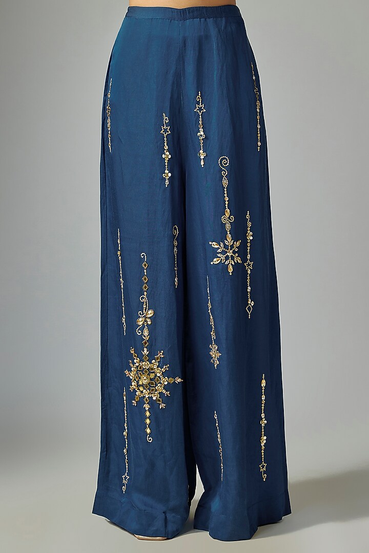 Blue Blended Linen Trousers by Dilnaz Karbhary at Pernia's Pop Up Shop