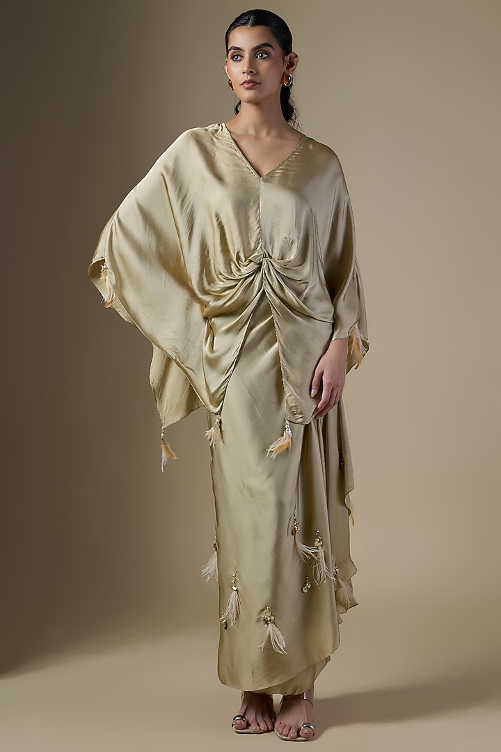 Sage Green Blended Satin Kaftan Set by Dilnaz Karbhary at Pernia's Pop Up Shop