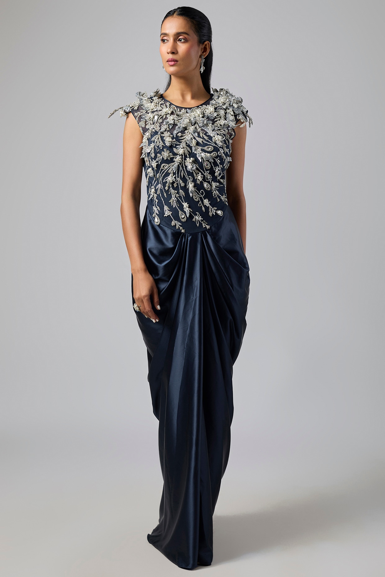Dilnaz Karbhary Navy Blue Net & Satin 3D Diamond Gown