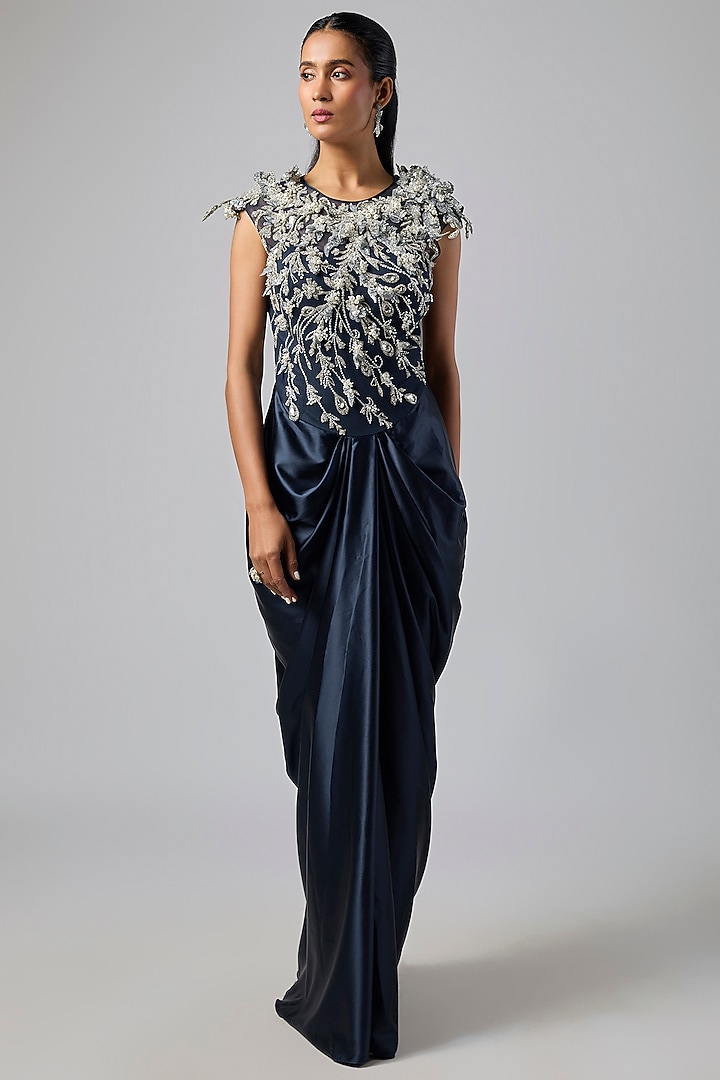 Navy Blue Net & Satin 3D Diamond Wedding Gown by Dilnaz Karbhary at Pernia's Pop Up Shop