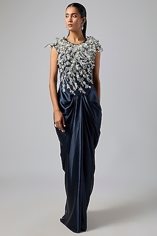 Navy Blue Net & Satin 3D Diamond Gown by Dilnaz Karbhary