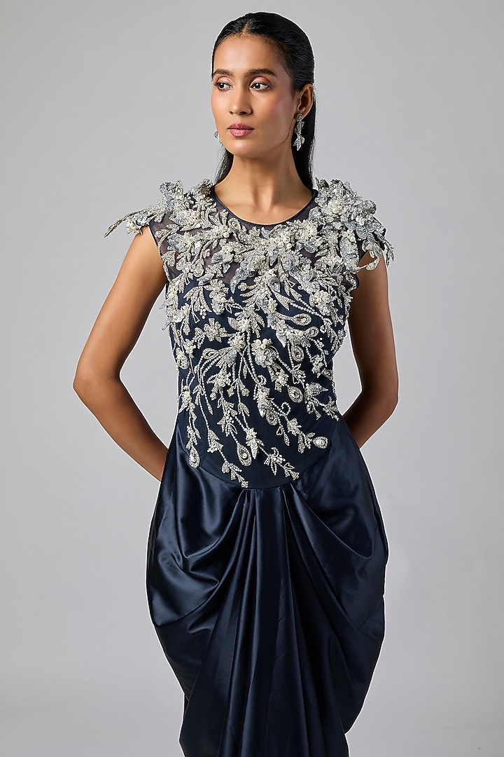 Navy Blue Net & Satin 3D Diamond Wedding Gown by Dilnaz Karbhary at Pernia's Pop Up Shop