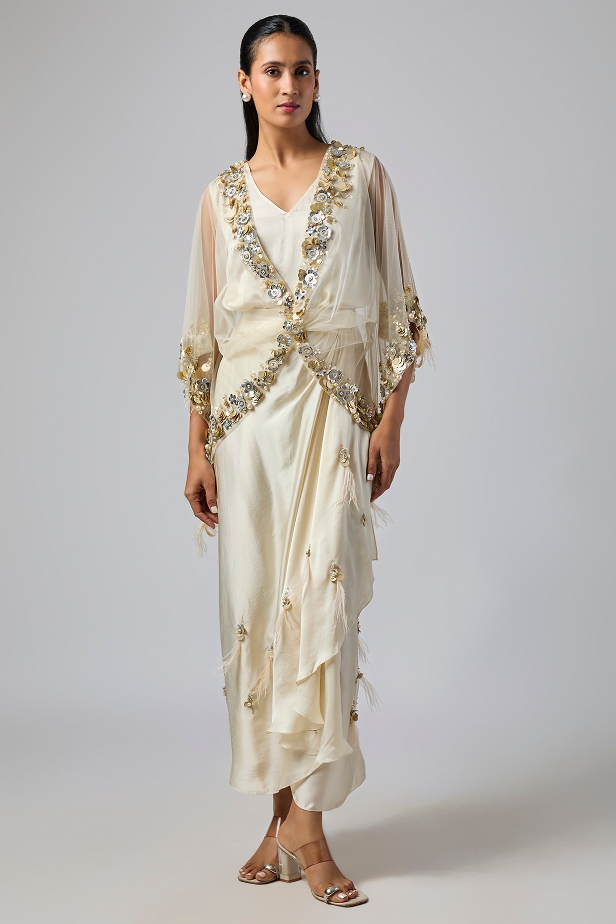 Dilnaz Karbhary Champagne Net & Satin Sequins Embroidered Kaftan Set