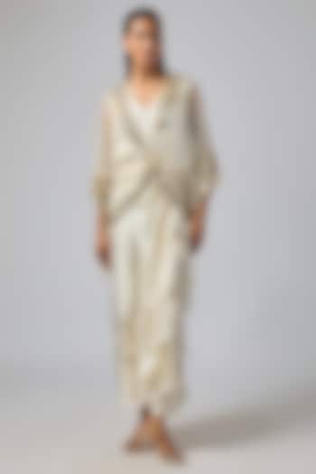 Champagne Net & Satin Sequins Embroidered Kaftan Set by Dilnaz Karbhary at Pernia's Pop Up Shop