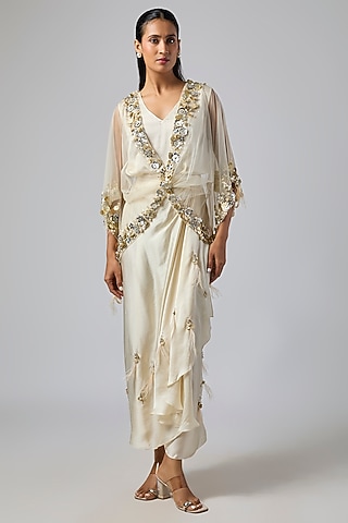 Champagne Net & Satin Sequins Embroidered Kaftan Set by Dilnaz Karbhary