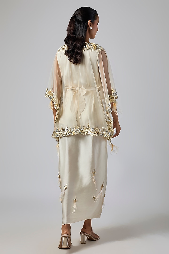 Champagne Net & Satin Sequins Embroidered Kaftan Set by Dilnaz Karbhary at Pernia's Pop Up Shop
