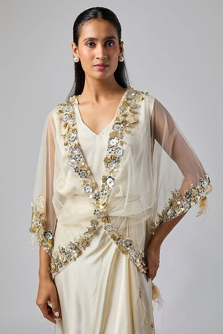 Champagne Net & Satin Sequins Embroidered Kaftan Set by Dilnaz Karbhary at Pernia's Pop Up Shop