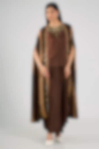 Brown Blended Satin Tie-Dye Cape Set by Dilnaz Karbhary at Pernia's Pop Up Shop