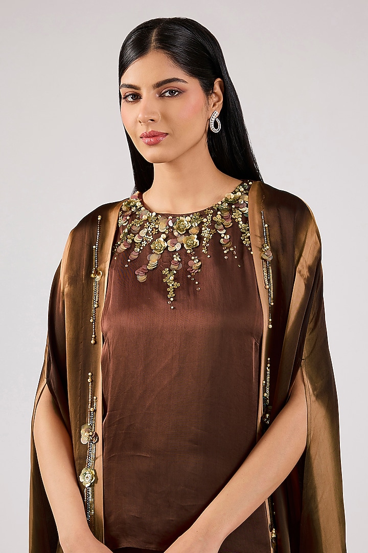 Brown Blended Satin Tie-Dye Cape Set by Dilnaz Karbhary at Pernia's Pop Up Shop