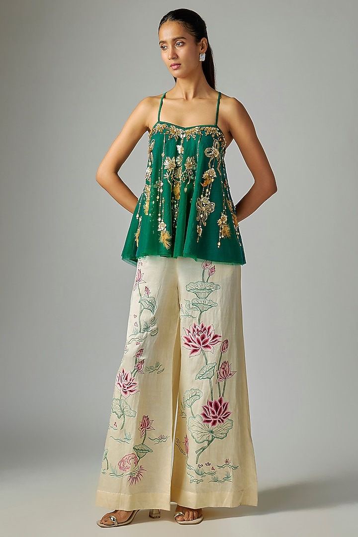Green Net Embroidered Camisole by Dilnaz Karbhary at Pernia's Pop Up Shop
