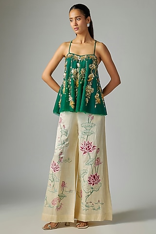 Green Net Embroidered Camisole by Dilnaz Karbhary