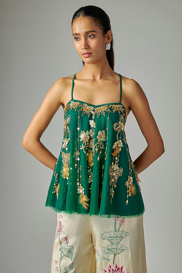 Green Net Embroidered Camisole by Dilnaz Karbhary at Pernia's Pop Up Shop