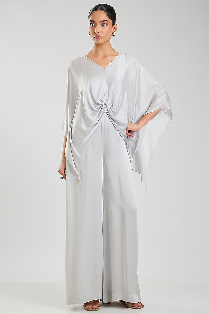 Grey Blended Satin Jumpsuit With Kaftan by Dilnaz Karbhary at Pernia's Pop Up Shop