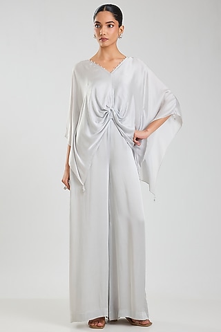 Grey Blended Satin Jumpsuit With Kaftan by Dilnaz Karbhary