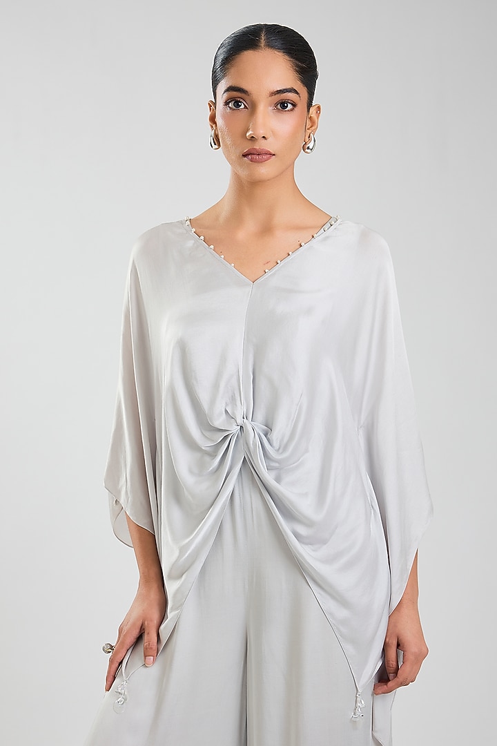 Grey Blended Satin Jumpsuit With Kaftan by Dilnaz Karbhary at Pernia's Pop Up Shop
