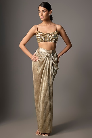 Golden Net & Poly Satin Blouse by Dilnaz Karbhary