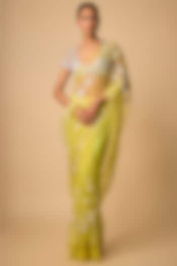 Lime Green Net Reception Saree Set by Dilnaz Karbhary at Pernia's Pop Up Shop