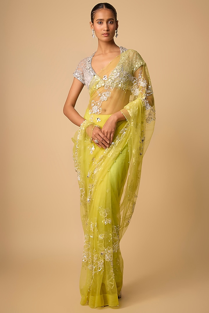 Lime Green Net Reception Saree Set by Dilnaz Karbhary at Pernia's Pop Up Shop