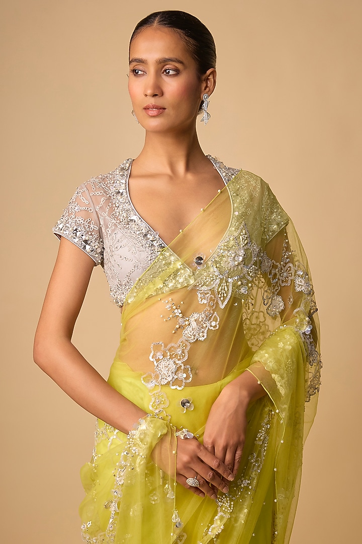 Lime Green Net Reception Saree Set by Dilnaz Karbhary at Pernia's Pop Up Shop