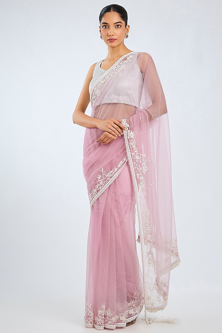 Pink Net Embroidered Reception Saree by Dilnaz Karbhary at Pernia's Pop Up Shop