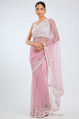 Pink Net Embroidered Saree by Dilnaz Karbhary