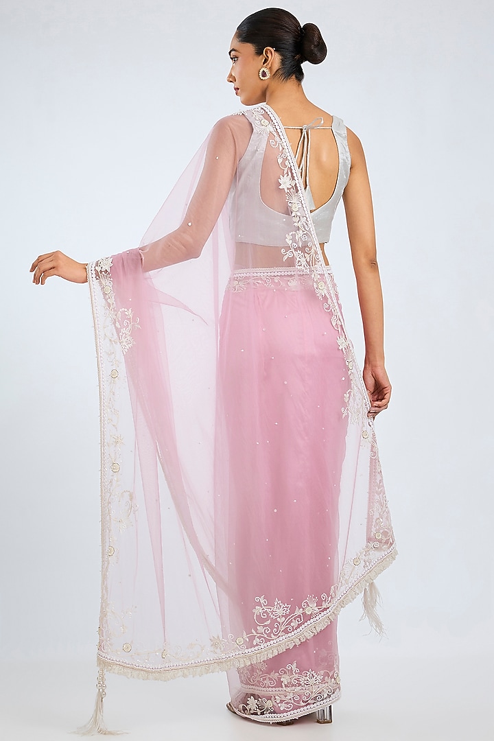Pink Net Embroidered Reception Saree by Dilnaz Karbhary at Pernia's Pop Up Shop