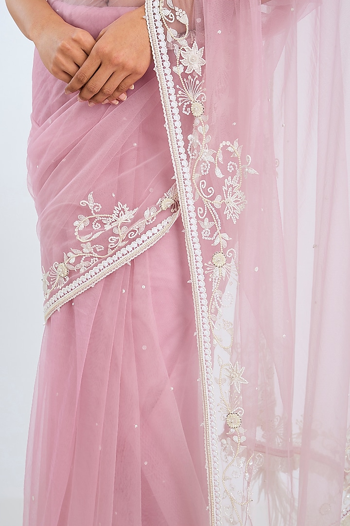 Pink Net Embroidered Reception Saree by Dilnaz Karbhary at Pernia's Pop Up Shop