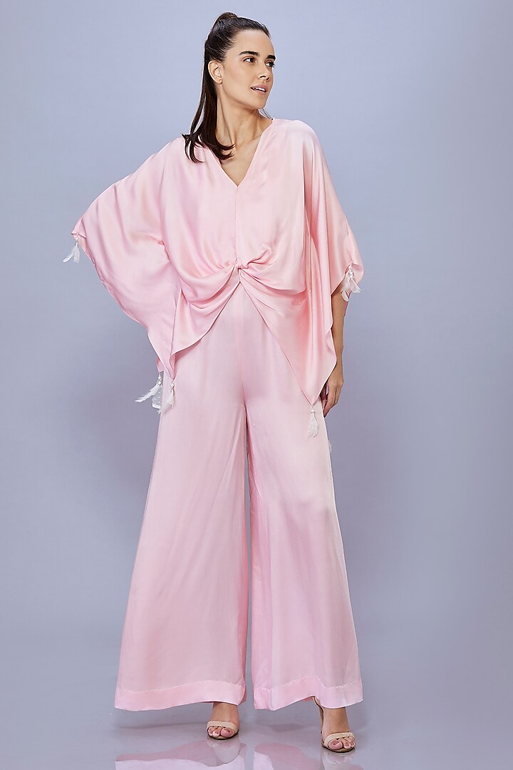 Light Pink Blended Satin Jumpsuit With Kaftan by Dilnaz Karbhary at Pernia's Pop Up Shop