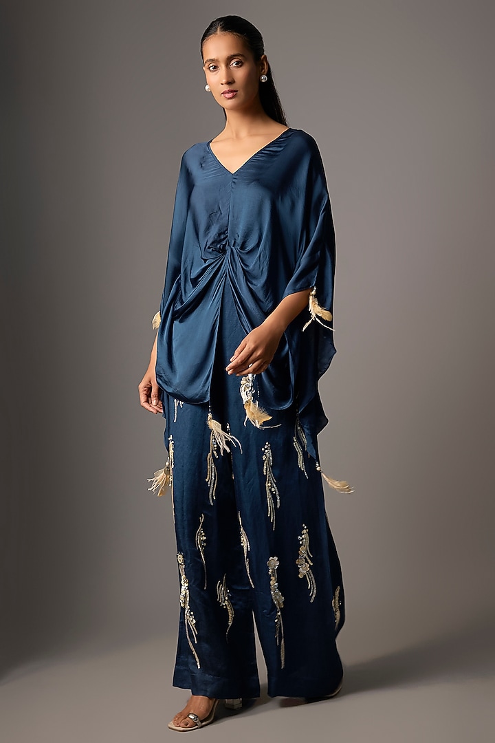 Sapphire Blue Blended Satin Kaftan by Dilnaz Karbhary at Pernia's Pop Up Shop