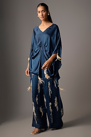 Sapphire Blue Blended Satin Kaftan by Dilnaz Karbhary
