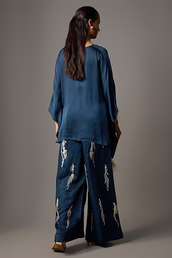 Sapphire Blue Blended Satin Kaftan by Dilnaz Karbhary at Pernia's Pop Up Shop