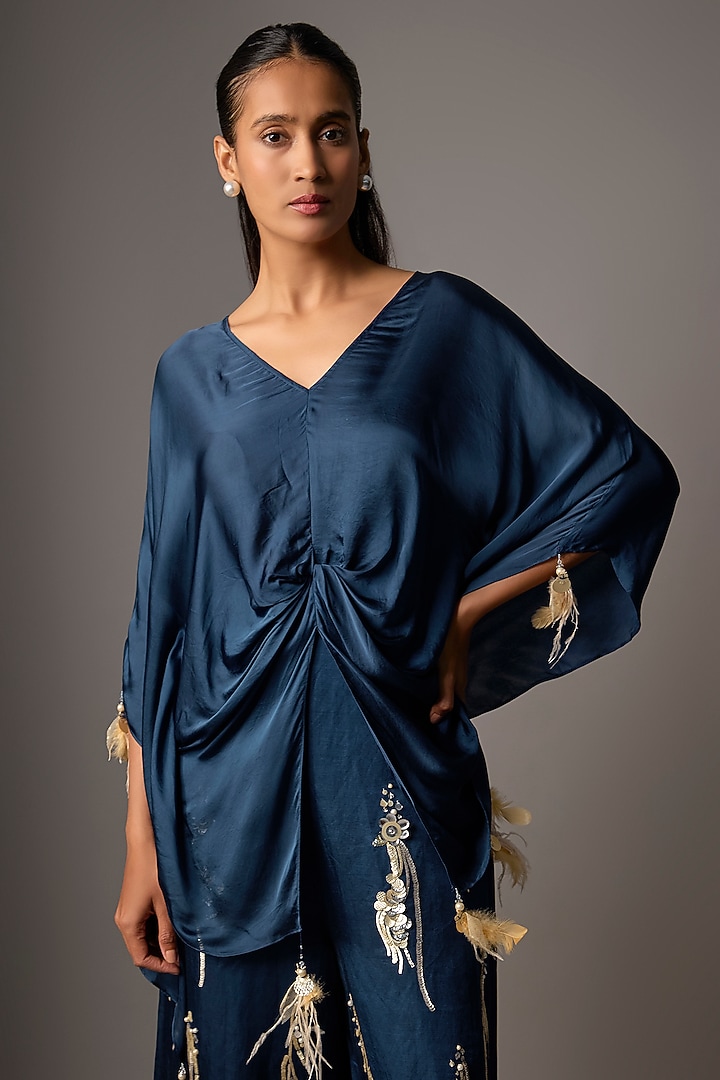 Sapphire Blue Blended Satin Kaftan by Dilnaz Karbhary at Pernia's Pop Up Shop