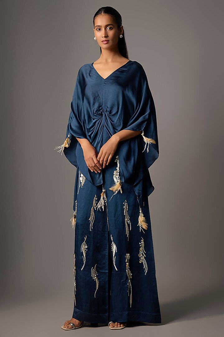 Sapphire Blue Blended Satin Trousers by Dilnaz Karbhary at Pernia's Pop Up Shop