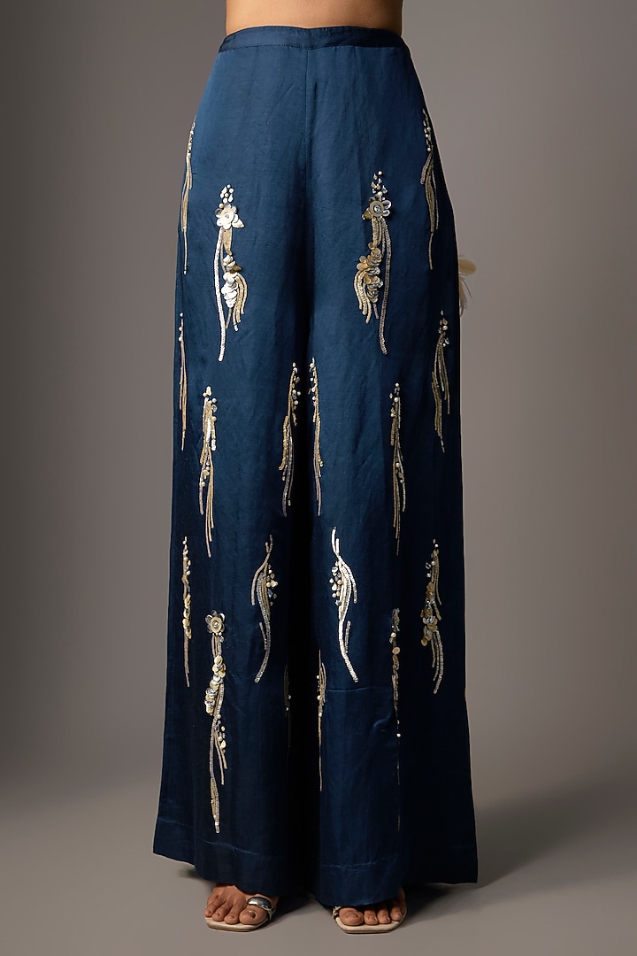Sapphire Blue Blended Satin Trousers by Dilnaz Karbhary at Pernia's Pop Up Shop