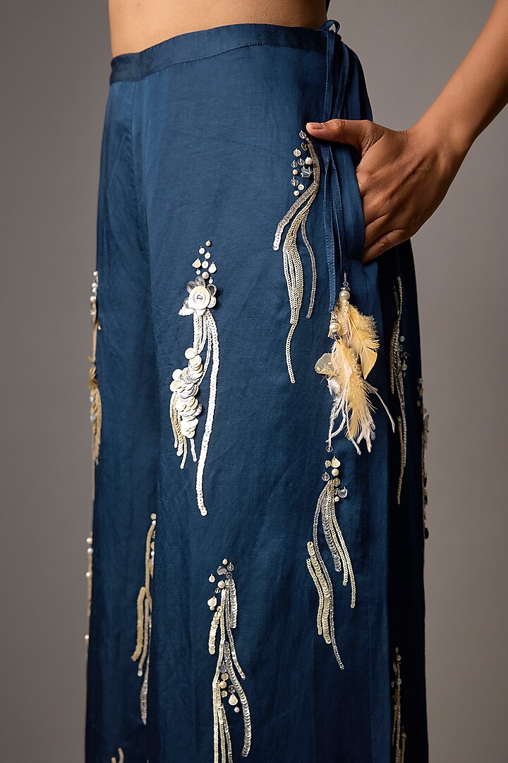 Sapphire Blue Blended Satin Trousers by Dilnaz Karbhary at Pernia's Pop Up Shop