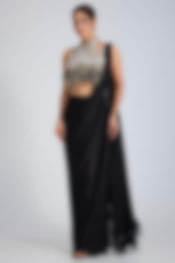 Black Blended Chiffon Pre-Stitched Wedding Saree Set by Dilnaz Karbhary at Pernia's Pop Up Shop