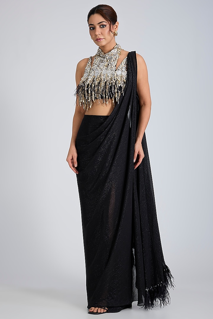 Black Blended Chiffon Pre-Stitched Wedding Saree Set by Dilnaz Karbhary at Pernia's Pop Up Shop