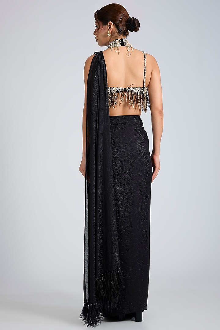 Black Blended Chiffon Pre-Stitched Wedding Saree Set by Dilnaz Karbhary at Pernia's Pop Up Shop