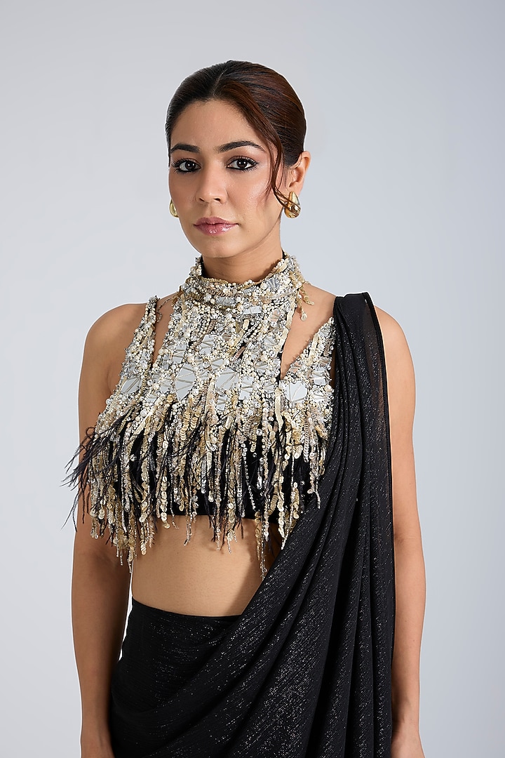 Black Blended Chiffon Pre-Stitched Wedding Saree Set by Dilnaz Karbhary at Pernia's Pop Up Shop