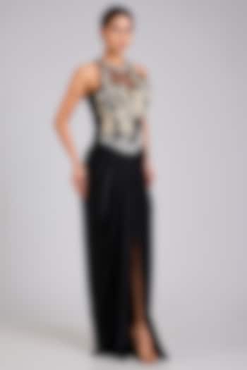 Black Blended Satin & Net Embroidered Draped Engagement Gown by Dilnaz Karbhary at Pernia's Pop Up Shop