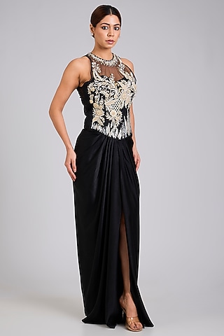 Black Blended Satin & Net Embroidered Draped Gown by Dilnaz Karbhary