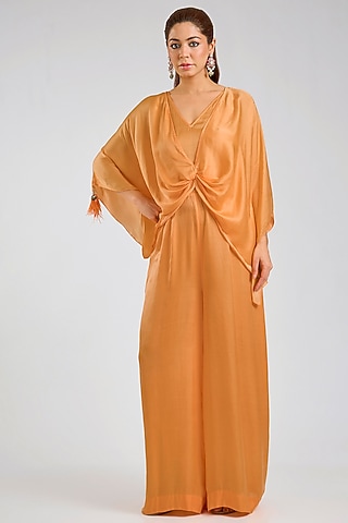 Orange Blended Satin Jumpsuit With Kaftan by Dilnaz Karbhary