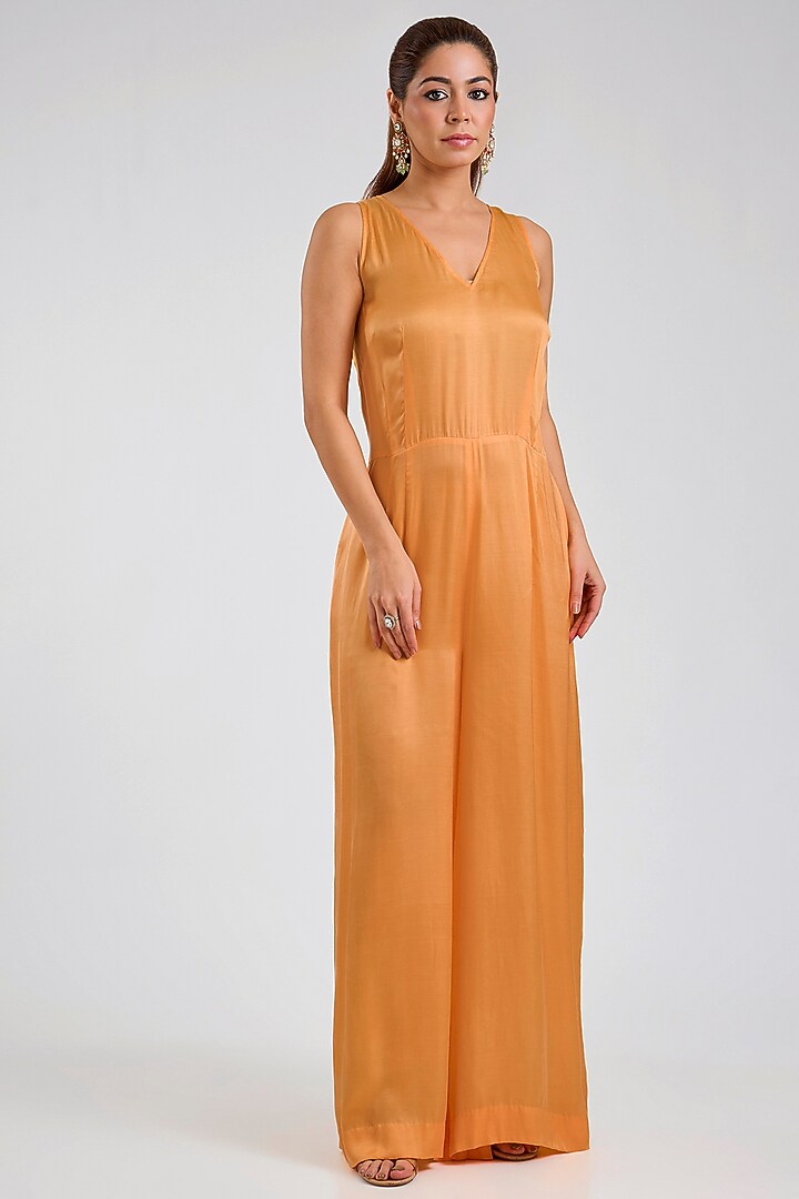 Orange Blended Satin Jumpsuit With Kaftan by Dilnaz Karbhary at Pernia's Pop Up Shop